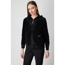 On Kadın Kapak Cepli Peluş Hırka 60936 Siyah