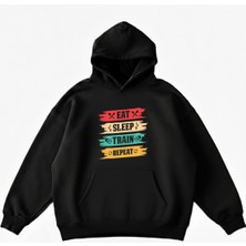 Maki Home Makiteks Siyah Pamuklu Unisex Cepli Kapüşonlu Rahat Kesim Eat Sleep Train Repeat Baskılı Sweatshirt