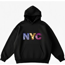 Maki Home Makiteks Siyah Pamuklu Unisex Cepli Kapüşonlu Rahat Kesim New York City Nyc Baskılı Sweatshirt