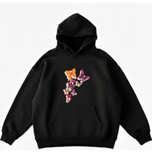 Maki Home Makiteks Siyah Pamuklu Unisex Cepli Kapüşonlu Rahat Kesim Kelebekler Baskılı Sweatshirt