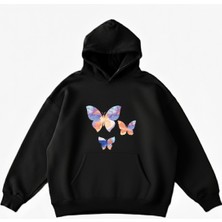 Maki Home Makiteks Siyah Pamuklu Unisex Cepli Kapüşonlu Rahat Kesim Kelebekler Baskılı Sweatshirt