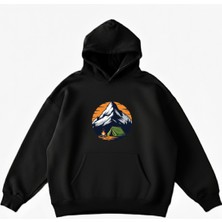 Maki Home Makiteks Siyah Pamuklu Unisex Kanguru Cepli Kapüşonlu Rahat Kesim Camping Baskılı Sweatshirt