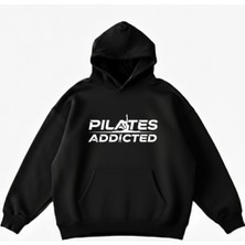 Maki Home Makiteks Siyah Pamuklu Unisex Cepli Kapüşonlu Rahat Kesim Pilates Addicted Baskılı Sweatshirt