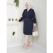 Zenya Moda Kadın Lacivert Lastik Kollu Trençkot