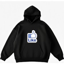 Maki Home Makiteks Siyah Pamuklu Unisex Cepli Kapüşonlu Rahat Kesim Like Baskılı Sweatshirt