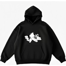 Maki Home Makiteks Siyah Pamuklu Unisex Cepli Kapüşonlu Rahat Kesim Face Baskılı Sweatshirt