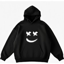 Maki Home Makiteks Siyah Pamuklu Unisex Cepli Kapüşonlu Rahat Kesim Gülen Yüz Baskılı Sweatshirt
