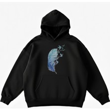 Maki Home Makiteks Siyah Pamuklu Unisex Cepli Kapüşonlu Rahat Kesim Kuş Tüyleri Baskılı Sweatshirt