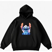 Maki Home Makiteks Siyah Pamuklu Unisex Cepli Kapüşonlu Rahat Kesim Sevimli Canavar Baskılı Sweatshirt