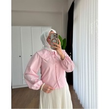 Miraydin Butik Kadın Etek Üstü Bebe Yaka Incili Pembe Gömlek