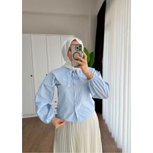 Miraydin Butik Kadın Etek Üstü Bebe Yaka Incili Bebe Mavisi Gömlek