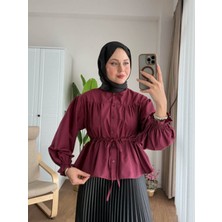 Miraydin Butik Kadın Etek Üstü Belden Büzgülü Gömlek M24140 - Bordo