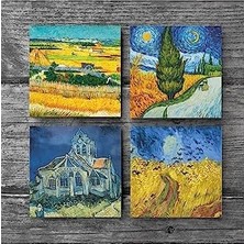 Storemax Van Gogh Hasat Manzarası, Yıldızlı Yol, Buğday Tarlası ve Kargalar, Kilise Taş Bardak Altlığı Seti - 4 Parça - Dekoratif, Rustik Mutfak Aksesuarı, 10X10 Cm, Kaydırmaz Tabanlı SC225