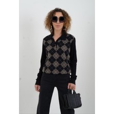 Zelish My Sister Siyah Baklava Desen Polo Yaka Kazak