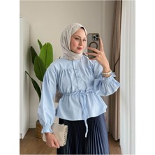 Miraydin Butik Kadın Etek Üstü Belden Büzgülü Gömlek M24140 - Bebe Mavisi