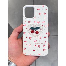 Iphone 12 ve 12 Pro Uyumlu Nakış Işlemeli Kiraz Desenli Kılıf Kiraz Figürlü Örgü Telefon Kılıfı