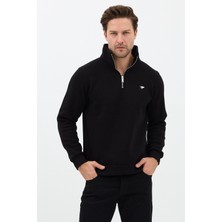 Sparrow Regular Fit Dik Yaka Pamuklu Unisex Yarım Fermuarlı Nakışlı Sweatshirt Siyah - M