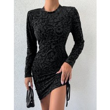 Etiler Collection Kadın Uzun Kollu Bisiklet Yaka Yandan Büzgülü Flok Baskı Sandy Elbise