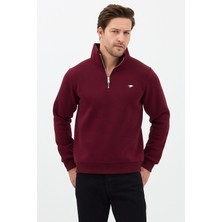 Sparrow Regular Fit Dik Yaka Pamuklu Unisex Yarım Fermuarlı Nakışlı Sweatshirt Bordo - M