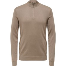 Only & Sons Yüksek Yaka Normal Düz Açık Kahve Erkek Kazak Onswyler Lıfe Reg 14 Half Zıp Knıt