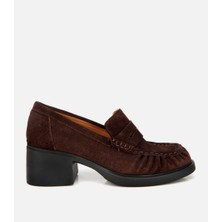 Hotiç Kadın Süet Deri Kahverengi Kalın Topuklu Klasik Loafer