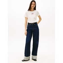 Tommy Jeans Yuvarlak Yaka Desenli Beyaz Kadın T-Shirt DW0DW21965YBH
