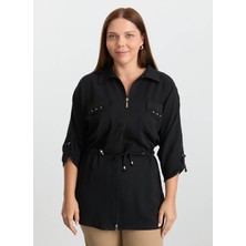 Selen Polo Yaka Taşlı Siyah Kadın Bluz 25KSL8261