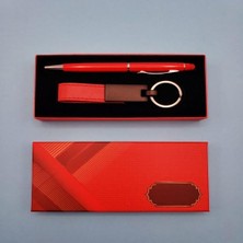 ZS Demir Kırmızı Deri Anahtarlık Kalem Hediyelik Set