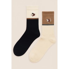Katia & Bony Unisex 2'li Köpek Nakışlı Soket Çorap Ekru Mix