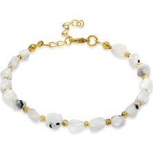 Tesbihname Altın Renk Metal Zincirli Dorika Top Süslemeli Amorf Ay Taşı Doğaltaş Kadın Bileklik