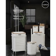 Okyanus Home Beyaz Ahşap Dalgalı Desenli Yedekli Wc Kağıtlık ve 6 Parça Banyo Seti