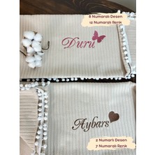 Karsu Tasarım Nakışlı Isimli Örgü Desen Bebek Pikesi %100 Pamuk Bebek Battaniyesi 90X120 Bej(Latte)