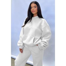 Yakamel Kadın Polar Oversize Paçası Lastikli Kanguru Cepli Eşofman Takımı