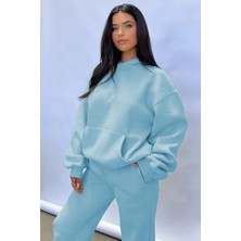 Yakamel Kadın Polar Oversize Paçası Lastikli Kanguru Cepli Eşofman Takımı