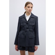 ROMAN Yün Karışımlı Beli Kemerli Ceket Lacivert K2616023_015