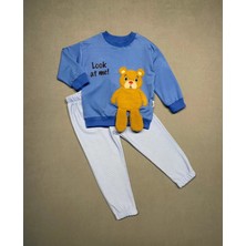Moda Şahsenem 2-3-4 Yaş Ayıcık Sallanan Ayak Desenli Likra Penye Kumaş Sweat Pantolonlu Kız Erkek 2li Çocuk Takımı Indigo