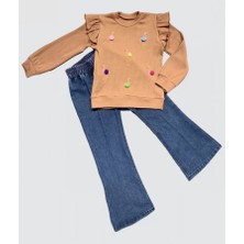 Moda Şahsenem 4-5-6 Yaş Kot Pantolonlu Flamingo Desenli Penye Sweat Uzun Kollu 2li Kız Çocuk Takımı Kahverengi