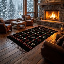 Hakiki Üç Güller Motifli Siyah El Dokuma Kilim 130X68 cm Geleneksel El Işçiliği