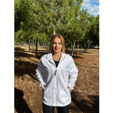 ARZ Kadın Önü Fermuarlı Cepli Kışlık Beyaz Polar CEKET