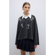 ROMAN V Yaka İnci Detaylı Triko Antrasit K2671009_046