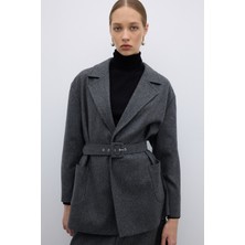 ROMAN %100 Yün Beli Seyyar Kemerli Kaban Koyu Gri K2619009_058