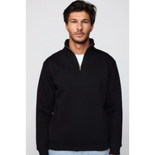 Tudors Unisex Relax Fit Rahat Kesim Pamuklu İçi Polarlı Yarım Fermuarlı Siyah Dik Yaka Sweatshirt