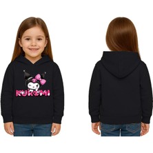Sedirli Unisex Baskılı Çocuk Swaetshirt Kapüşonlu 3 Iplik Şardonlu Kuromi Baskılı