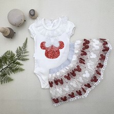Moda Şahsenem 1-2-3 Yaş Payetli  Nakışlı Kısa Kollu Brode Etekli 2li Kız Bebek Takımı Kırmızı