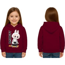 Sedirli Unisex Baskılı Çocuk Swaetshirt Labubu Baskılı Kapüşonlu 3 Iplik Şardonlu
