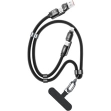 Bix 240W Usb-A ve Usb-C ve Lightning Çok Fonksiyonlu Askı Ipli Premium Örgü 1.5 Metre Yüksek Hızlı Şarj ve Veri Kablosu Siyah