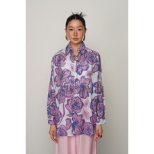 Orfeonegro Kadın Mor ve Lila Çiçek Karışımlı Oversize Gömlek