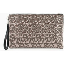 Ecrou Yıldız Desenli Platin Parlak Portföy & Clutch Çanta Çıkarılabilir Bileklik Askılı 30 x 19 cm