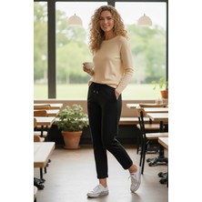 Sy & Black Kadın Çelik Örgü Beli Lastikli ve Bağcıklı Geniş Beden Aralıklı Jogger Pantolon 25P-03 Siyah