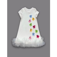 Moda Şahsenem 1-2-3 Yaş Renkli Kelebekler Nakışlı Eteği Fırfırlı Jile Çocuk Elbisesi Beyaz